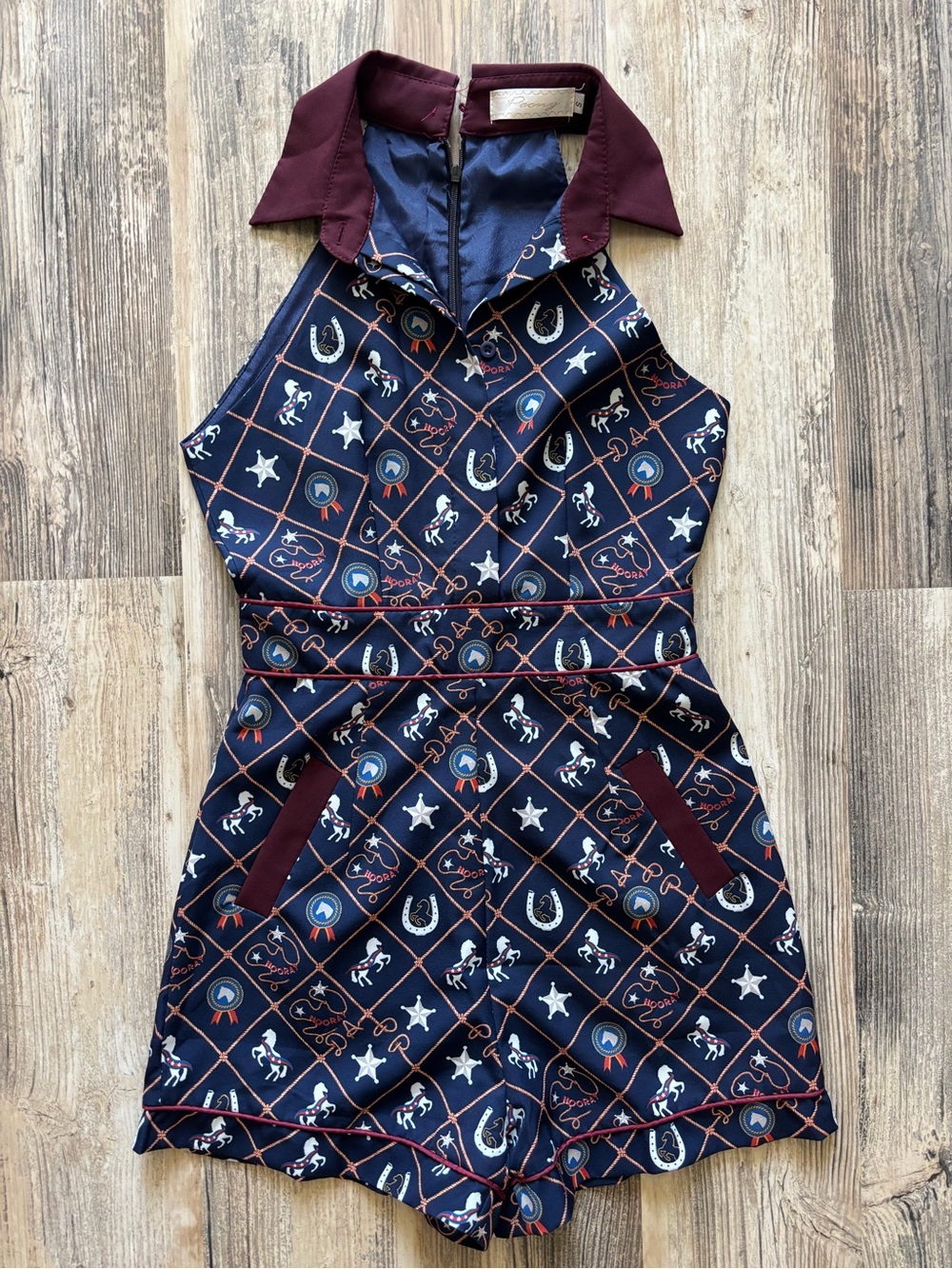 Navy Western Motif Romper with Burgundy Collar